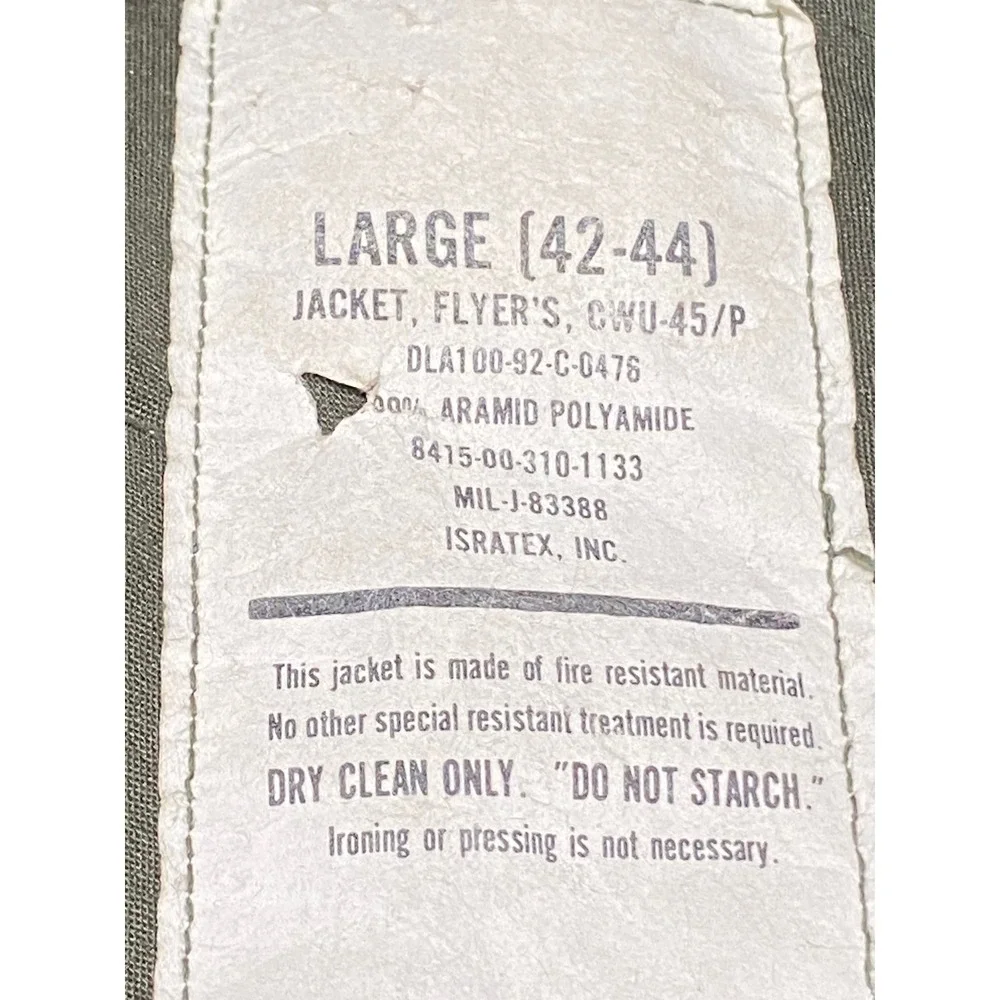 Vintage 1992 Isratex CWU-45/P Flyer's Jacket Large Olive‎ Drab Aramid Military